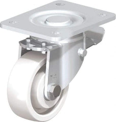 Blickle - 4" Diam x 1-29/64" Wide x 6-1/2" OAH Top Plate Mount Swivel Caster with Brake - Impact-Resistant Nylon, 1,100 Lb Capacity, Ball Bearing, 5-1/2 x 4-3/8" Plate - Benchmark Tooling
