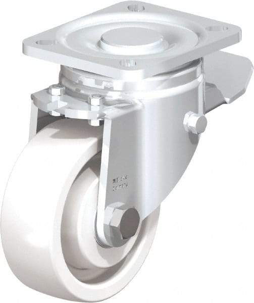 Blickle - 4" Diam x 1-29/64" Wide x 5-33/64" OAH Top Plate Mount Swivel Caster with Brake - Impact-Resistant Nylon, 1,100 Lb Capacity, Ball Bearing, 3-15/16 x 3-3/8" Plate - Benchmark Tooling