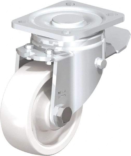 Blickle - 4" Diam x 1-29/64" Wide x 5-33/64" OAH Top Plate Mount Swivel Caster with Brake - Impact-Resistant Nylon, 1,100 Lb Capacity, Plain Bore Bearing, 3-15/16 x 3-3/8" Plate - Benchmark Tooling