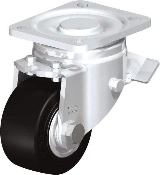 Blickle - 3" Diam x 1-49/64" Wide x 4-23/32" OAH Top Plate Mount Swivel Caster with Brake - Solid Rubber, 440 Lb Capacity, Ball Bearing, 3-15/16 x 3-3/8" Plate - Benchmark Tooling