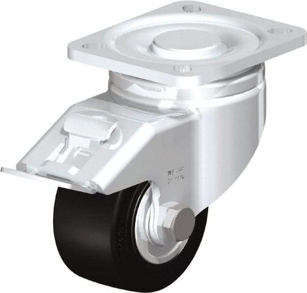 Blickle - 3" Diam x 1-49/64" Wide x 4-23/32" OAH Top Plate Mount Swivel Caster with Brake - Solid Rubber, 440 Lb Capacity, Ball Bearing, 3-15/16 x 3-3/8" Plate - Benchmark Tooling