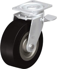 Blickle - 8" Diam x 3-9/64" Wide x 9-41/64" OAH Top Plate Mount Swivel Caster with Brake - Solid Rubber, 1,870 Lb Capacity, Ball Bearing, 5-1/2 x 4-3/8" Plate - Benchmark Tooling
