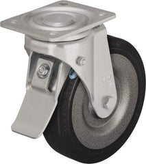 Blickle - 10" Diam x 2-23/64" Wide x 11-39/64" OAH Top Plate Mount Swivel Caster with Brake - Solid Rubber, 1,870 Lb Capacity, Ball Bearing, 5-1/2 x 4-3/8" Plate - Benchmark Tooling