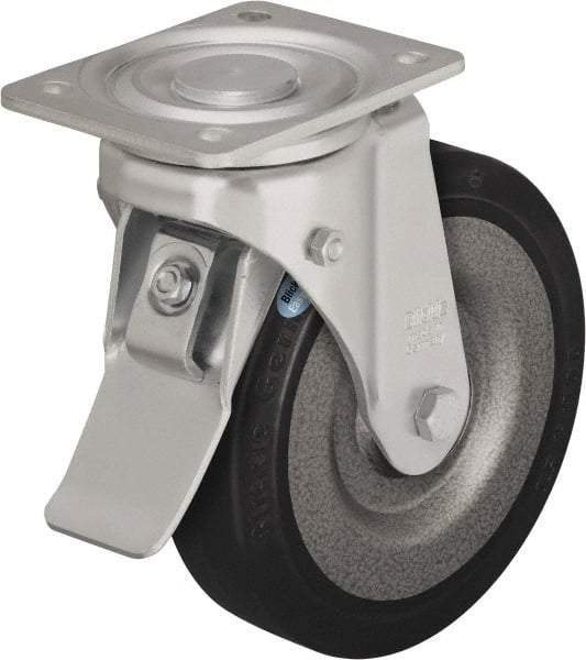 Blickle - 8" Diam x 1-31/32" Wide x 9-41/64" OAH Top Plate Mount Swivel Caster with Brake - Solid Rubber, 1,320 Lb Capacity, Ball Bearing, 5-1/2 x 4-3/8" Plate - Benchmark Tooling