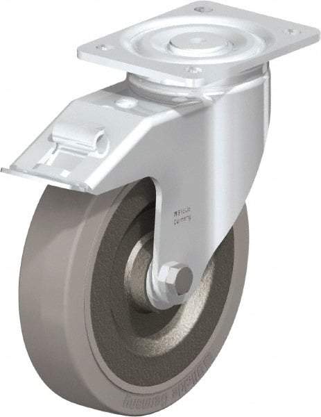 Blickle - 8" Diam x 1-31/32" Wide x 9-41/64" OAH Top Plate Mount Swivel Caster with Brake - Solid Rubber, 1,320 Lb Capacity, Ball Bearing, 5-1/2 x 4-3/8" Plate - Benchmark Tooling