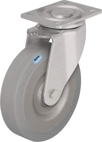 Blickle - 8" Diam x 1-31/32" Wide x 9-41/64" OAH Top Plate Mount Swivel Caster - Solid Rubber, 1,320 Lb Capacity, Ball Bearing, 5-1/2 x 4-3/8" Plate - Benchmark Tooling