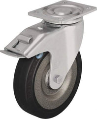 Blickle - 8" Diam x 1-31/32" Wide x 9-41/64" OAH Top Plate Mount Swivel Caster with Brake - Solid Rubber, 1,320 Lb Capacity, Ball Bearing, 5-1/2 x 4-3/8" Plate - Benchmark Tooling