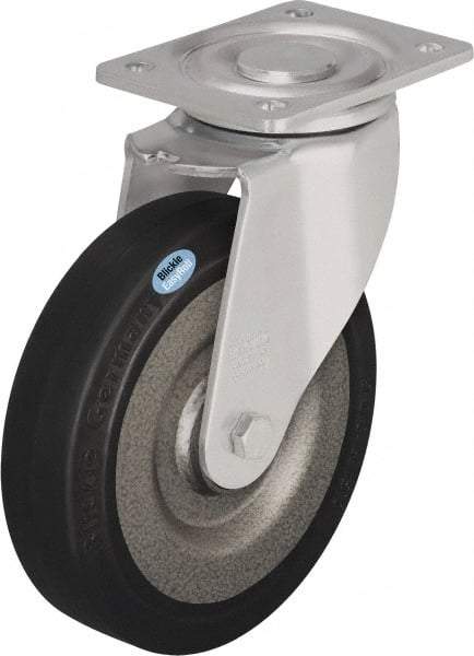 Blickle - 10" Diam x 2-23/64" Wide x 11-39/64" OAH Top Plate Mount Swivel Caster - Solid Rubber, 1,870 Lb Capacity, Ball Bearing, 5-1/2 x 4-3/8" Plate - Benchmark Tooling