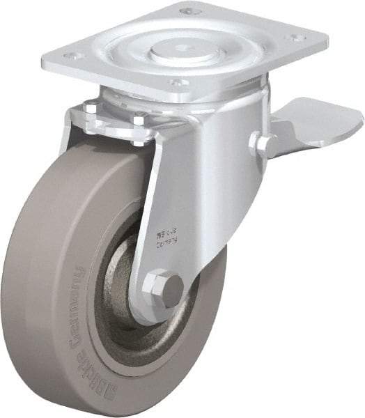 Blickle - 6-1/2" Diam x 1-31/32" Wide x 7-61/64" OAH Top Plate Mount Swivel Caster with Brake - Solid Rubber, 990 Lb Capacity, Ball Bearing, 5-1/2 x 4-3/8" Plate - Benchmark Tooling