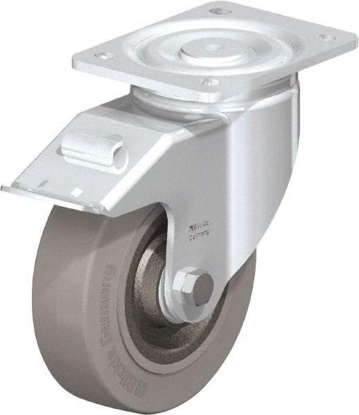 Blickle - 6-1/2" Diam x 1-31/32" Wide x 7-61/64" OAH Top Plate Mount Swivel Caster with Brake - Solid Rubber, 990 Lb Capacity, Ball Bearing, 5-1/2 x 4-3/8" Plate - Benchmark Tooling