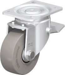 Blickle - 5" Diam x 1-31/32" Wide x 6-11/16" OAH Top Plate Mount Swivel Caster with Brake - Solid Rubber, 704 Lb Capacity, Ball Bearing, 5-1/2 x 4-3/8" Plate - Benchmark Tooling