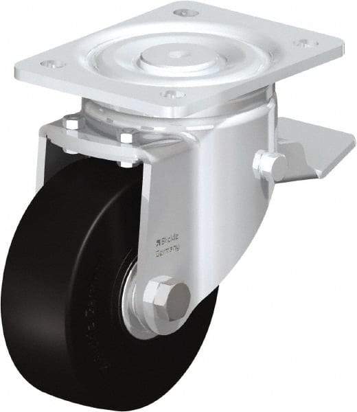 Blickle - 5" Diam x 1-31/32" Wide x 6-11/16" OAH Top Plate Mount Swivel Caster with Brake - Solid Rubber, 704 Lb Capacity, Ball Bearing, 5-1/2 x 4-3/8" Plate - Benchmark Tooling