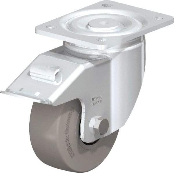 Blickle - 5" Diam x 1-31/32" Wide x 6-11/16" OAH Top Plate Mount Swivel Caster with Brake - Solid Rubber, 704 Lb Capacity, Ball Bearing, 5-1/2 x 4-3/8" Plate - Benchmark Tooling