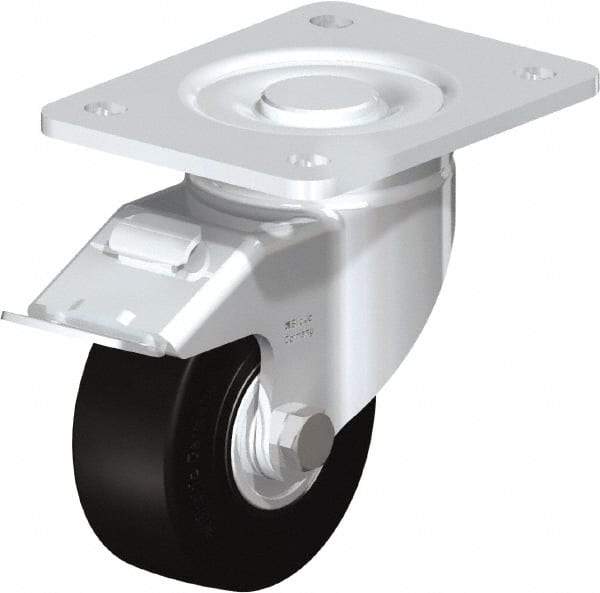 Blickle - 4" Diam x 1-49/64" Wide x 5-33/64" OAH Top Plate Mount Swivel Caster with Brake - Solid Rubber, 594 Lb Capacity, Ball Bearing, 5-1/2 x 4-3/8" Plate - Benchmark Tooling