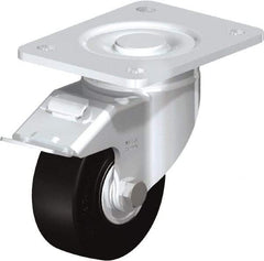 Blickle - 4" Diam x 1-49/64" Wide x 5-33/64" OAH Top Plate Mount Swivel Caster with Brake - Solid Rubber, 594 Lb Capacity, Ball Bearing, 5-1/2 x 4-3/8" Plate - Benchmark Tooling