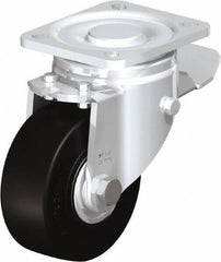 Blickle - 4" Diam x 1-49/64" Wide x 5-33/64" OAH Top Plate Mount Swivel Caster with Brake - Solid Rubber, 594 Lb Capacity, Ball Bearing, 3-15/16 x 3-3/8" Plate - Benchmark Tooling
