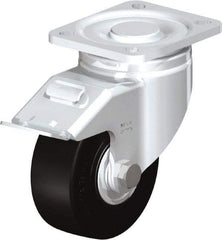 Blickle - 4" Diam x 1-49/64" Wide x 5-33/64" OAH Top Plate Mount Swivel Caster with Brake - Solid Rubber, 594 Lb Capacity, Ball Bearing, 3-15/16 x 3-3/8" Plate - Benchmark Tooling