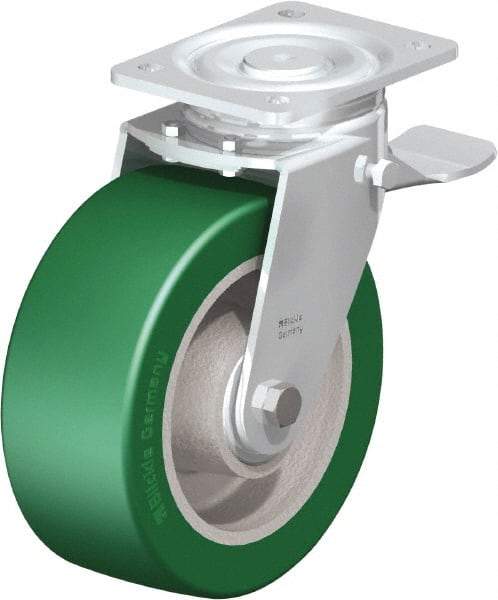 Blickle - 8" Diam x 3-9/64" Wide x 9-41/64" OAH Top Plate Mount Swivel Caster with Brake - Polyurethane-Elastomer Blickle Softhane, 1,760 Lb Capacity, Ball Bearing, 5-1/2 x 4-3/8" Plate - Benchmark Tooling