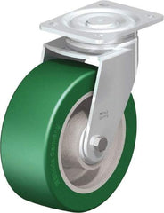 Blickle - 8" Diam x 3-9/64" Wide x 9-41/64" OAH Top Plate Mount Swivel Caster - Polyurethane-Elastomer Blickle Softhane, 1,760 Lb Capacity, Ball Bearing, 5-1/2 x 4-3/8" Plate - Benchmark Tooling