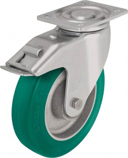 Blickle - 5" Diam x 1-31/32" Wide x 6-11/16" OAH Top Plate Mount Swivel Caster with Brake - Polyurethane-Elastomer Blickle Softhane, 990 Lb Capacity, Ball Bearing, 5-1/2 x 4-3/8" Plate - Benchmark Tooling