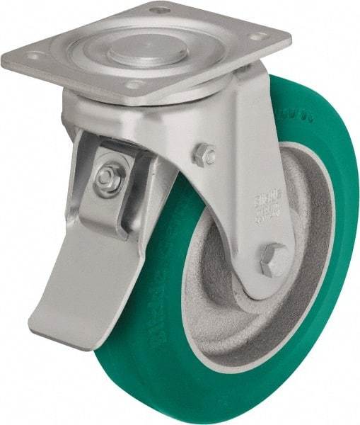 Blickle - 6-1/2" Diam x 1-31/32" Wide x 7-61/64" OAH Top Plate Mount Swivel Caster with Brake - Polyurethane-Elastomer Blickle Softhane, 1,320 Lb Capacity, Ball Bearing, 5-1/2 x 4-3/8" Plate - Benchmark Tooling