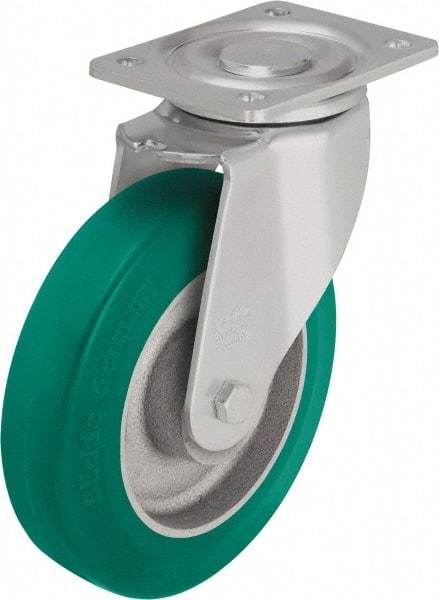 Blickle - 8" Diam x 1-31/32" Wide x 9-41/64" OAH Top Plate Mount Swivel Caster - Polyurethane-Elastomer Blickle Softhane, 1,760 Lb Capacity, Ball Bearing, 5-1/2 x 4-3/8" Plate - Benchmark Tooling