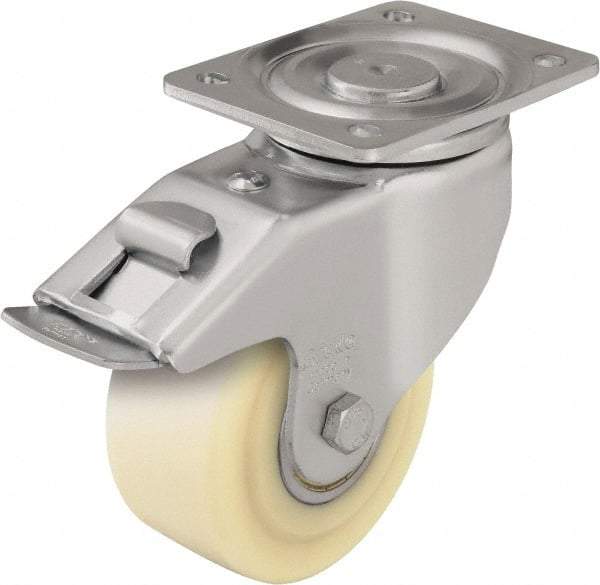 Blickle - 5" Diam x 2-5/32" Wide x 6-11/16" OAH Top Plate Mount Swivel Caster with Brake - Impact-Resistant Cast Nylon, 1,980 Lb Capacity, Ball Bearing, 5-1/2 x 4-3/8" Plate - Benchmark Tooling