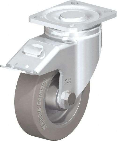 Blickle - 5" Diam x 1-9/16" Wide x 6-1/2" OAH Top Plate Mount Swivel Caster with Brake - Solid Rubber, 550 Lb Capacity, Ball Bearing, 3-15/16 x 3-3/8" Plate - Benchmark Tooling
