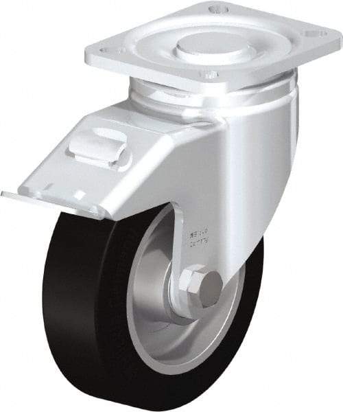 Blickle - 5" Diam x 1-9/16" Wide x 6-1/2" OAH Top Plate Mount Swivel Caster with Brake - Solid Rubber, 550 Lb Capacity, Ball Bearing, 3-15/16 x 3-3/8" Plate - Benchmark Tooling