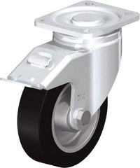 Blickle - 5" Diam x 1-9/16" Wide x 6-1/2" OAH Top Plate Mount Swivel Caster with Brake - Solid Rubber, 550 Lb Capacity, Ball Bearing, 3-15/16 x 3-3/8" Plate - Benchmark Tooling