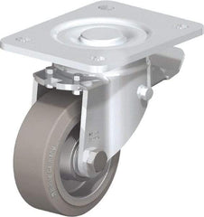 Blickle - 4" Diam x 1-9/16" Wide x 5-33/64" OAH Top Plate Mount Swivel Caster with Brake - Solid Rubber, 440 Lb Capacity, Ball Bearing, 5-1/2 x 4-3/8" Plate - Benchmark Tooling