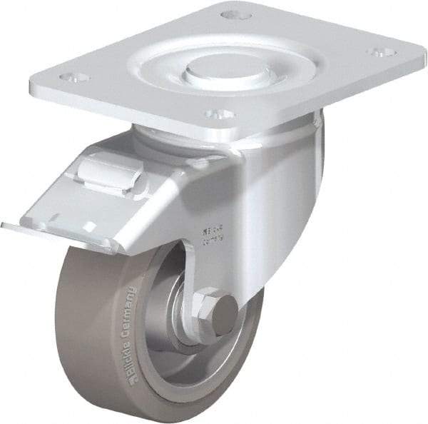 Blickle - 4" Diam x 1-9/16" Wide x 5-33/64" OAH Top Plate Mount Swivel Caster with Brake - Solid Rubber, 440 Lb Capacity, Ball Bearing, 5-1/2 x 4-3/8" Plate - Benchmark Tooling