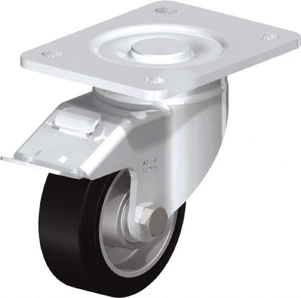 Blickle - 4" Diam x 1-9/16" Wide x 5-33/64" OAH Top Plate Mount Swivel Caster with Brake - Solid Rubber, 440 Lb Capacity, Ball Bearing, 5-1/2 x 4-3/8" Plate - Benchmark Tooling