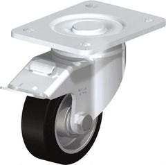Blickle - 4" Diam x 1-9/16" Wide x 5-33/64" OAH Top Plate Mount Swivel Caster with Brake - Solid Rubber, 440 Lb Capacity, Ball Bearing, 5-1/2 x 4-3/8" Plate - Benchmark Tooling