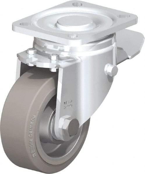 Blickle - 4" Diam x 1-9/16" Wide x 5-33/64" OAH Top Plate Mount Swivel Caster with Brake - Solid Rubber, 440 Lb Capacity, Ball Bearing, 3-15/16 x 3-3/8" Plate - Benchmark Tooling