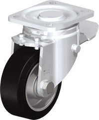 Blickle - 4" Diam x 1-9/16" Wide x 5-33/64" OAH Top Plate Mount Swivel Caster with Brake - Solid Rubber, 440 Lb Capacity, Ball Bearing, 3-15/16 x 3-3/8" Plate - Benchmark Tooling