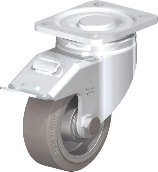 Blickle - 4" Diam x 1-9/16" Wide x 5-33/64" OAH Top Plate Mount Swivel Caster with Brake - Solid Rubber, 440 Lb Capacity, Ball Bearing, 3-15/16 x 3-3/8" Plate - Benchmark Tooling