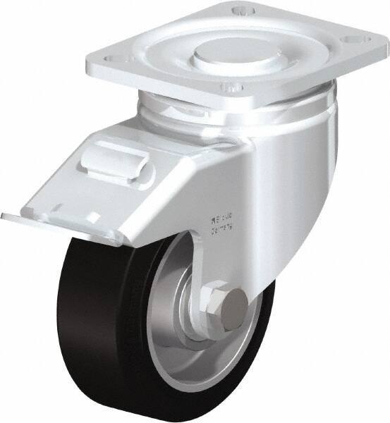Blickle - 4" Diam x 1-9/16" Wide x 5-33/64" OAH Top Plate Mount Swivel Caster with Brake - Solid Rubber, 440 Lb Capacity, Ball Bearing, 3-15/16 x 3-3/8" Plate - Benchmark Tooling