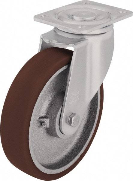 Blickle - 5" Diam x 1-31/32" Wide x 6-1/2" OAH Top Plate Mount Swivel Caster - Polyurethane-Elastomer Blickle Softhane, 1,100 Lb Capacity, Ball Bearing, 3-15/16 x 3-3/8" Plate - Benchmark Tooling