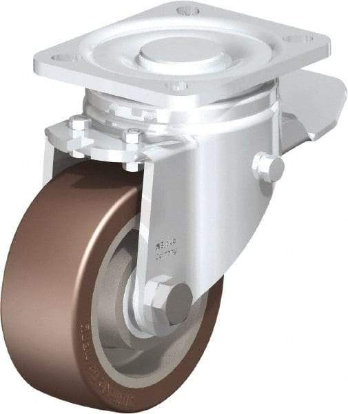 Blickle - 4" Diam x 1-37/64" Wide x 5-33/64" OAH Top Plate Mount Swivel Caster with Brake - Polyurethane-Elastomer Blickle Softhane, 880 Lb Capacity, Ball Bearing, 3-15/16 x 3-3/8" Plate - Benchmark Tooling