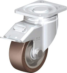 Blickle - 4" Diam x 1-37/64" Wide x 5-33/64" OAH Top Plate Mount Swivel Caster with Brake - Polyurethane-Elastomer Blickle Softhane, 880 Lb Capacity, Ball Bearing, 3-15/16 x 3-3/8" Plate - Benchmark Tooling