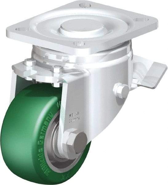 Blickle - 3" Diam x 1-9/16" Wide x 4-23/32" OAH Top Plate Mount Swivel Caster with Brake - Polyurethane-Elastomer Blickle Softhane, 506 Lb Capacity, Ball Bearing, 3-15/16 x 3-3/8" Plate - Benchmark Tooling