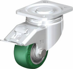 Blickle - 3" Diam x 1-9/16" Wide x 4-23/32" OAH Top Plate Mount Swivel Caster with Brake - Polyurethane-Elastomer Blickle Softhane, 506 Lb Capacity, Ball Bearing, 3-15/16 x 3-3/8" Plate - Benchmark Tooling