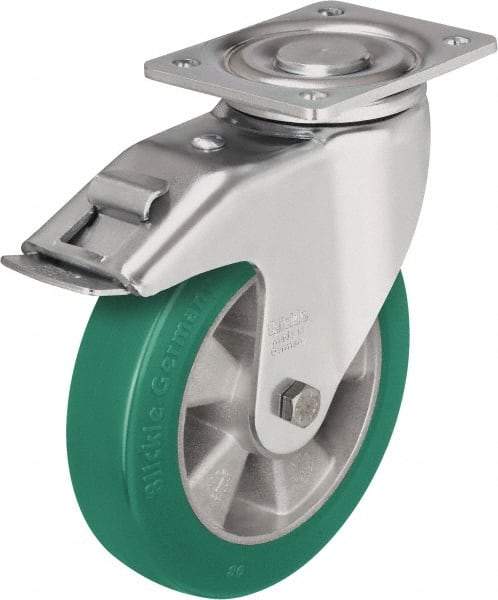 Blickle - 5" Diam x 2-1/8" Wide x 6-11/16" OAH Top Plate Mount Swivel Caster with Brake - Polyurethane-Elastomer Blickle Softhane, 990 Lb Capacity, Ball Bearing, 5-1/2 x 4-3/8" Plate - Benchmark Tooling