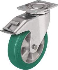 Blickle - 5" Diam x 2-1/8" Wide x 6-11/16" OAH Top Plate Mount Swivel Caster with Brake - Polyurethane-Elastomer Blickle Softhane, 990 Lb Capacity, Ball Bearing, 5-1/2 x 4-3/8" Plate - Benchmark Tooling