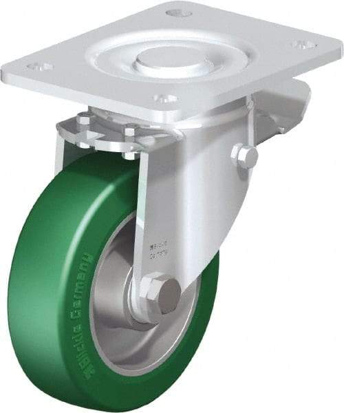 Blickle - 5" Diam x 1-9/16" Wide x 6-1/2" OAH Top Plate Mount Swivel Caster with Brake - Polyurethane-Elastomer Blickle Softhane, 770 Lb Capacity, Ball Bearing, 5-1/2 x 4-3/8" Plate - Benchmark Tooling