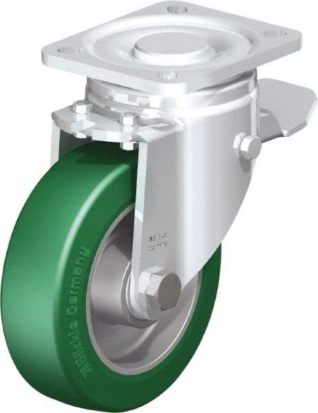 Blickle - 5" Diam x 1-9/16" Wide x 6-1/2" OAH Top Plate Mount Swivel Caster with Brake - Polyurethane-Elastomer Blickle Softhane, 770 Lb Capacity, Ball Bearing, 3-15/16 x 3-3/8" Plate - Benchmark Tooling