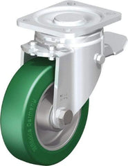Blickle - 5" Diam x 1-9/16" Wide x 6-1/2" OAH Top Plate Mount Swivel Caster with Brake - Polyurethane-Elastomer Blickle Softhane, 770 Lb Capacity, Ball Bearing, 3-15/16 x 3-3/8" Plate - Benchmark Tooling