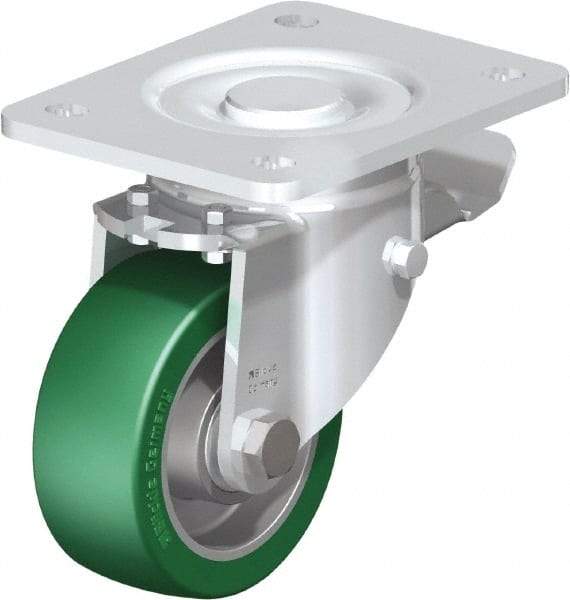 Blickle - 4" Diam x 1-9/16" Wide x 5-33/64" OAH Top Plate Mount Swivel Caster with Brake - Polyurethane-Elastomer Blickle Softhane, 660 Lb Capacity, Ball Bearing, 5-1/2 x 4-3/8" Plate - Benchmark Tooling