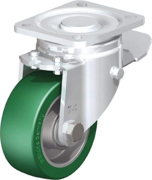 Blickle - 4" Diam x 1-9/16" Wide x 5-33/64" OAH Top Plate Mount Swivel Caster with Brake - Polyurethane-Elastomer Blickle Softhane, 660 Lb Capacity, Ball Bearing, 3-15/16 x 3-3/8" Plate - Benchmark Tooling